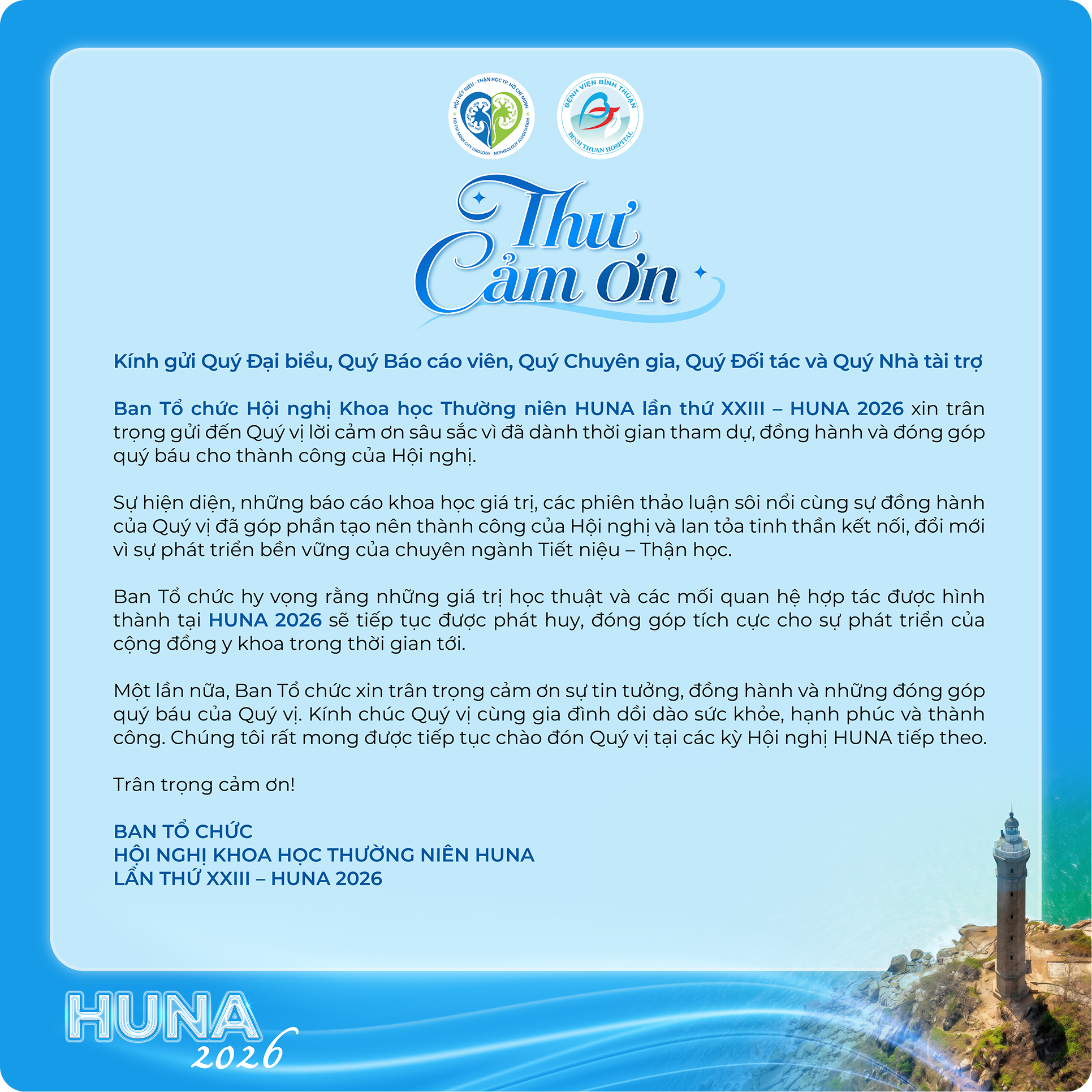 HUNA - THƯ CẢM ƠN